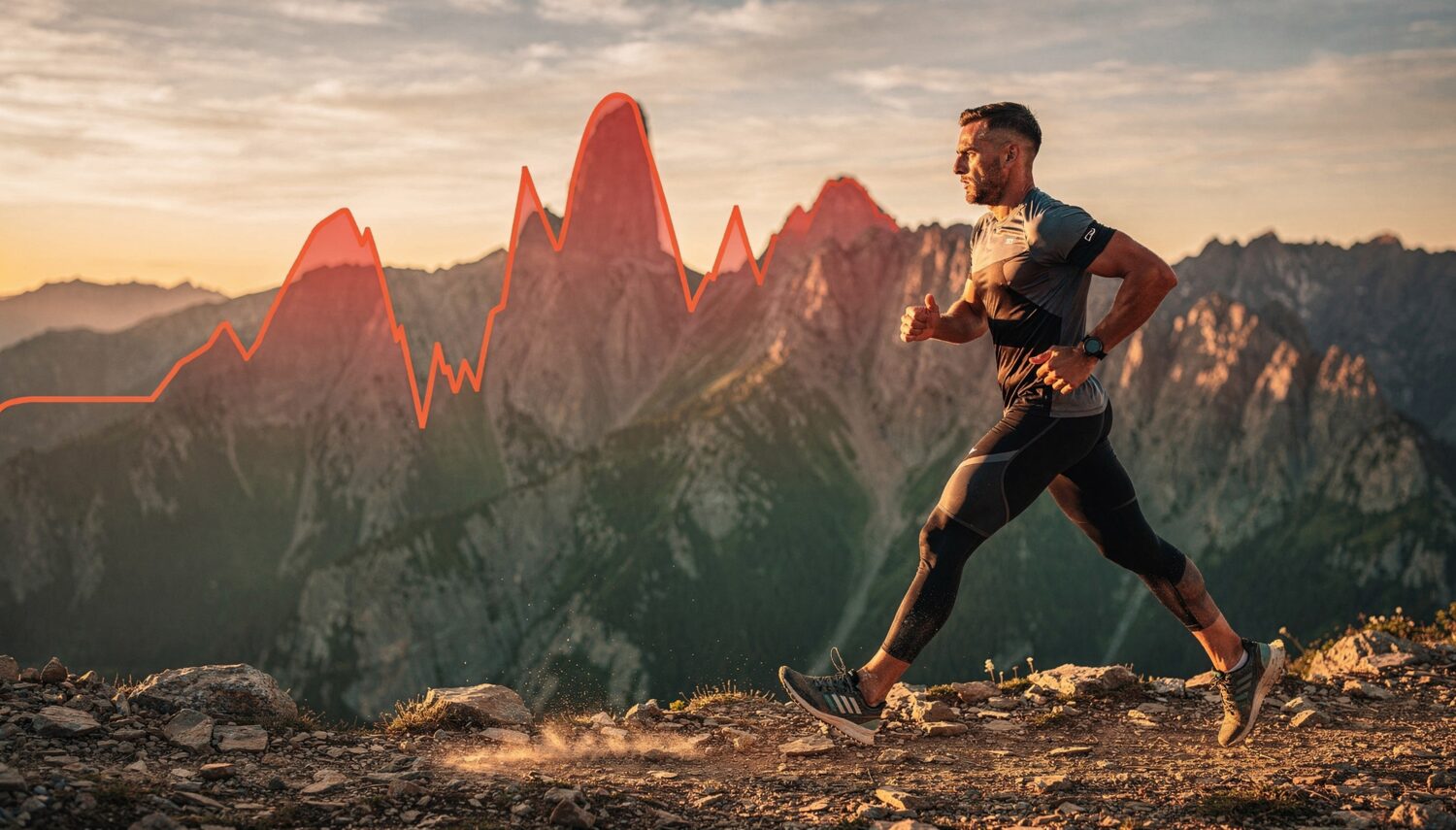 A runner with a red, jagged mountain-ridge-shaped graph line rising behind them.