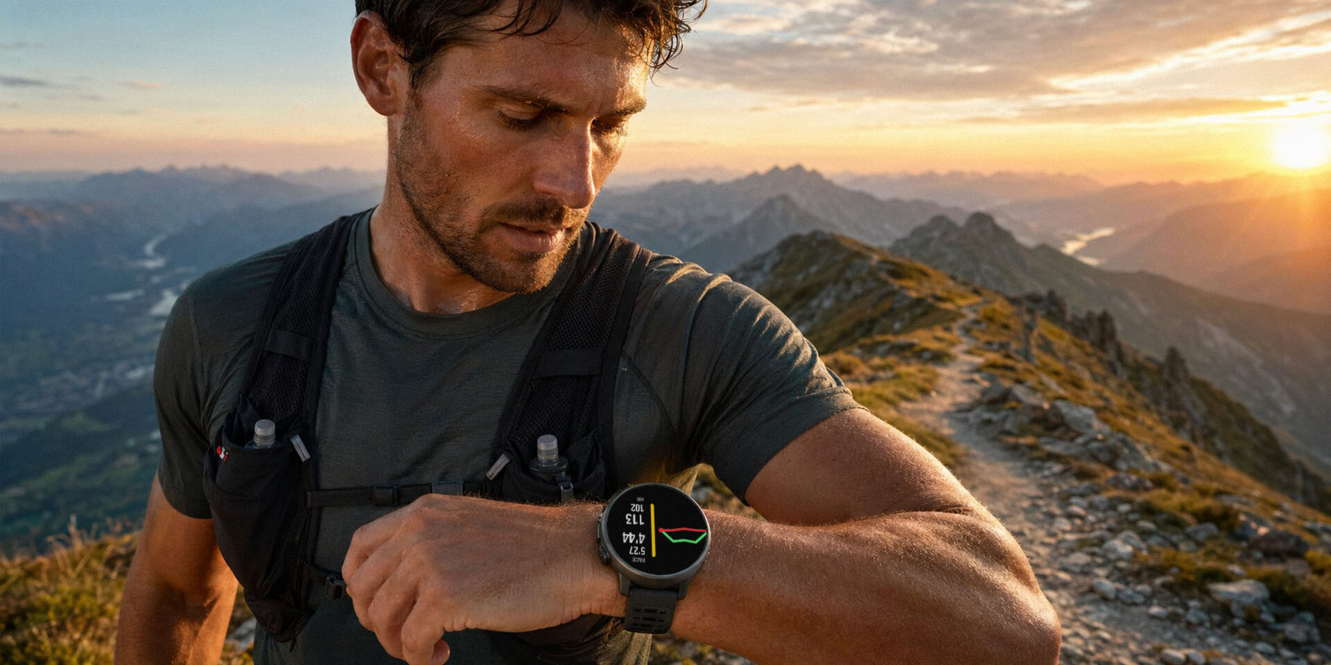 A runner pausing to check their watch on a mountain ridge at sunset.